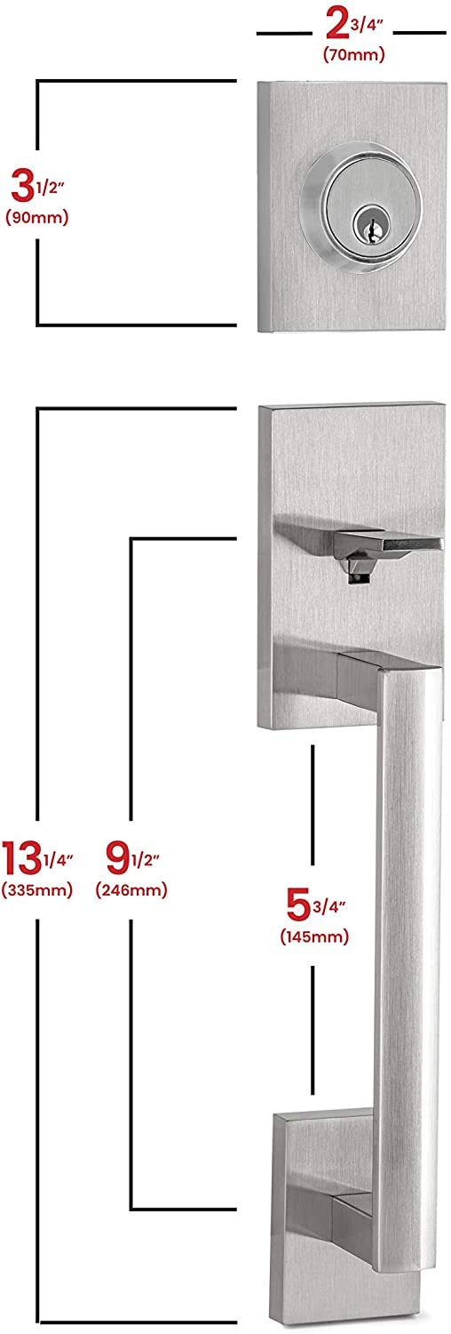 Berlin Modisch HandleSet مقبض دخول الباب الأمامي وقفل Deadbolt مجموعة نحيفة مربعة واحدة اسطوانة Deadbolt ورافعة قابلة للعكس للأبواب اليمنى واليسرى شديدة التحمل - لمسة نهائية من النيكل الساتان - Image 2